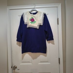 Vintage ACT II Navy Sweater Lace Needlepoint Collar Size 16